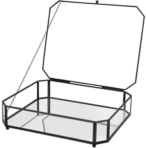 REDHUGO Large Glass Boxes for Display Handmade, Mirrored Bottom, Glass Jewelry Box with Lid, Trinket Box Book Photo Keepsake Organizer, Display Case for Vanity Decor Home Dresser, Octagon, Black