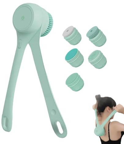 Dual Handle Bath Brush, Duschbürste mit Doppelgriff, Elektrische Duschbürste Body Scrubber Peeling Massage, Badebürste Langer Stiel mit 5 Bürstenköpfen, IPX7 Wasserdicht Rückenbürste (Grün)