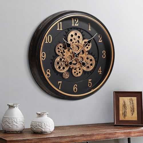 Mee 2ou Grande Horloge Murale avec Engrenages Mobiles, Horloge Murale Rétro de 40cm pour Décoration de Salon, Horloge Murale Décorative Industrielle Steampunk en Bronze Vintage Or pour Maison de Ferme