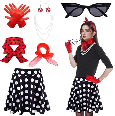 Accessori da donna anni '50, set costume anni 1950, alta vita, minigonna a pois, cerchietto con occhi di gatto, occhiali rossi, sciarpa in chiffon, guanti per motoparty, retro, party, Colore: rosso, M