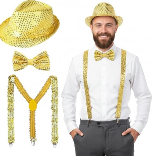 JIEBAO Glitzer Outfit Herren, Silvester Kostüm Accessories, Glitzer Hut Krawatte Herren, Glitzer Hosenträger Herrens, Silvester Outfit Heren für Karneval Party Show, Kostüm Party Zubehör