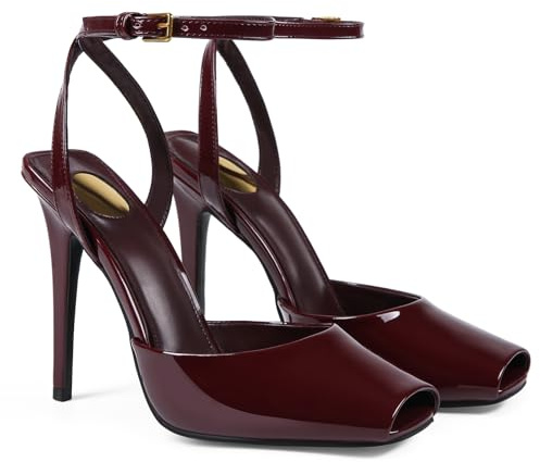 CAGLGLZ Square Open Toe Heeled Sandals for Women Patent Leather Stiletto High Heels Peep Toe Ankle Strap Backless Pumps Fashion Casual Dressy Party Shoes