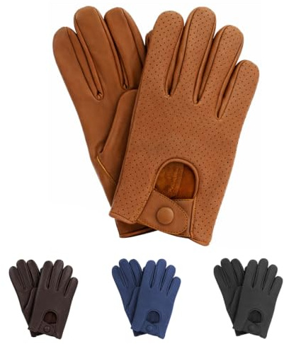 Mens Leather Mesh Driving Gloves, Genuine Soft Lambskin Black Gloves, Classic Vintage Old Fashioned English Snap Button Gloves, Chauffeur Bike Cycling Outdoor Gift Summer WInter Vented Gloves