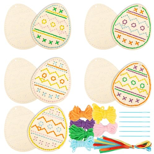 Joxessaien 10 Stück Ostereier zum Basteln, Ostern Kreuzstich Bastelset aus Holz, Osterdeko Selbst Basteln, Ostern Sticksets für Kinder, Ostergeschenke für Kin