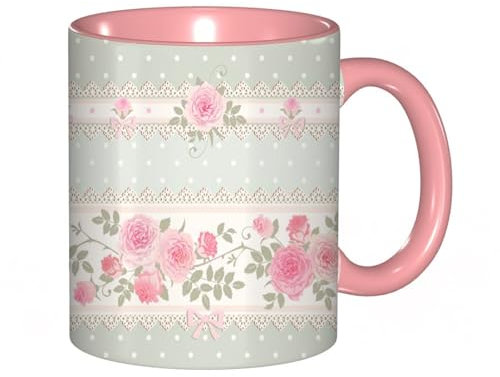 EKLMPS Tazza grande per caffè e tè a colazione - idee regalo per uomo e donna - in porcellana, 330 ml (11oz),Motivo pizzo a pois rosa stile shabby chic con fiori