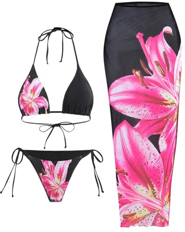 GORGLITTER Women's Floral Swimsuits High Waisted Bikini Set 3 Piece Halter Triangle Tie Side Thong with Cover Up Skirt Pink and Black L