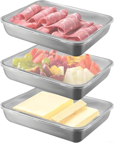 Drhomeam Stainless Steel Food Storage Box Set, Stainless Steel Containers With Lids, Metal Meat Salad Storage Containers, Cold Meat Fruit Storage Box For Fridge, Food Sealing Box(3pcs)
