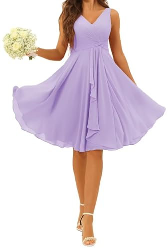 HPPEE Vestido corto de dama de honor con cuello en V para mujer, plisado, sin mangas, de gasa, vestido formal, Lila, 40