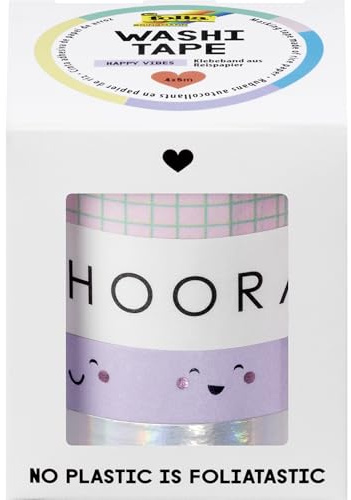 folia 26455 – Washi Tape HAPPY VIBES, 4 x 5 m, tejp av rispapper, hotfoil i 4 mönster, för pyssel, dekoration och dekoration