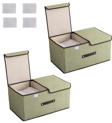 NCRGB 2 stück Große Stoff Faltbare Aufbewahrungsboxen mit Deckel und Fächern 36×25×16 cm,Grün Faltbare Stoffbox mit Griffenl,Kleiderschrank Organizer,Aufbewahrungsbox für Spielzeug