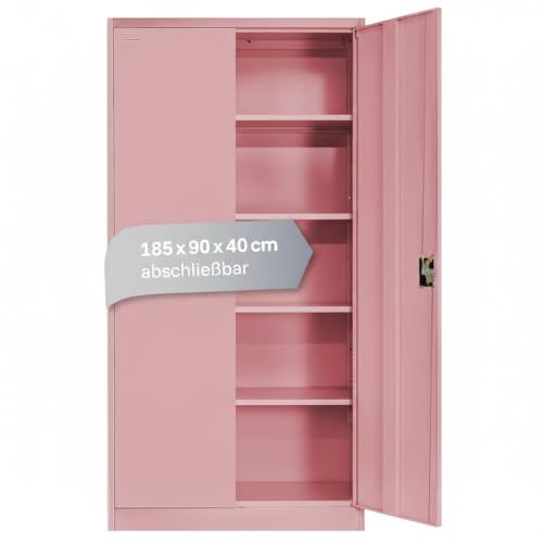 LagerZwei Mehrzweckschrank 185x90x40cm I Metallschrank, 4 Fachböden I Aktenschrank, abschließbar I Robuster Allzweckschrank als Werkstattschrank & Büroschrank I Stahlschrank Hellrosa