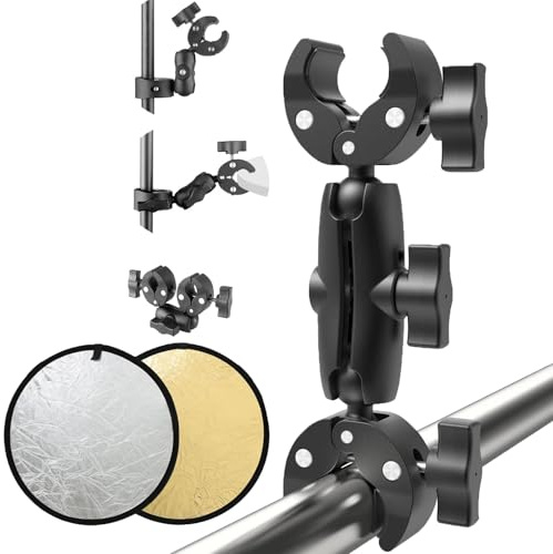 Double Clamp Camera Mount,Crab Plier Clip Bracket Magic Arm 360°Double Ball Head Adapter Umbrella Clamp for Pole,Strollers,Motorcycle,Studio Light Stand,Cross Bar(with 2 in 1 Lighting Reflectors)