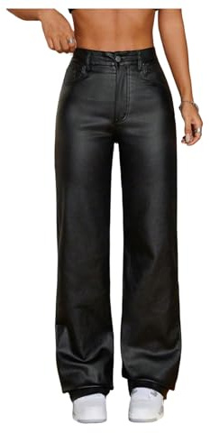 WDIRARA Women's High Waisted PU Leather Pants Punk Straight Leg Trousers Streetwear Black Tall-L