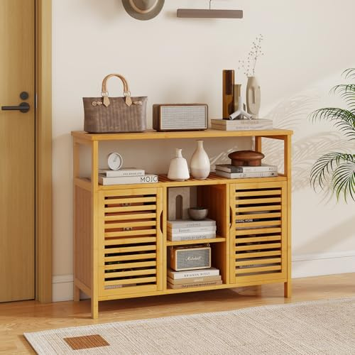GOPLUS Meuble Salle de Bain en Bambou, Armoire Salle de Bain avec 3 Etagères, 2 Portes, Dispositif Anti-basculement, 100 x 35 x 80 cm, pour WC, Salon, Entree, Natural