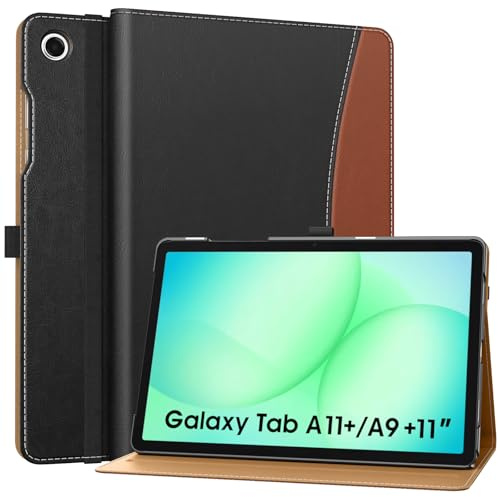 MoKo Cover per Samsung Galaxy Tab A11+ /A9+ Plus 11, Nero Rosso Marrone | Pelle PU Cover per Samsung Tablet (2025/2023) con Cinturino da Mano & Tasca Frontale, Auto Sveglia/Sonno, Multi-Angolo