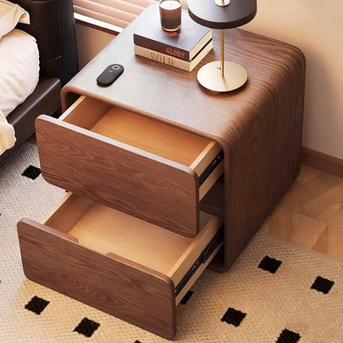KaBuea Mesita de Noche con 2 cajones - Pequeña, de Madera Maciza, Forrada en Piel a Prueba de Gatos, Color Nogal, for Dormitorio, solución de almacenaje Junto a la Cama(40cm)