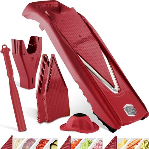 Coupe-Légumes Börner V5 (Plus Set) • Mandoline en V Réglable + Accessoires Supplémentaires + Éplucheur • Avec Lame en V en Acier Inoxydable • Pour Tranches, Bâtonnets, Dés • Rouge