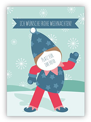 4 Retro Weihnachtskarten mit ihrem Foto als Weihnachts Elf mit ihrem eigenen Innen-Text - ohne unser Logo a.d. Rückseite • als liebevolle Grußkarte zu Weihnachten, Neujahr für Familie und Firma