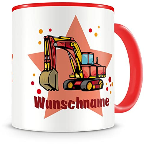 Samunshi® Kindertasse mit Namen Tasse Großer Bagger Personalisierte Tasse mit Namen Kinder Kinderbecher personalisierter Text Namenstasse Kindergarten rot 300ml