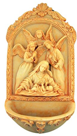 Angels at the Manger Nativity of Jesus Christ Resin Holy Water Font, 7 1/2 Inch