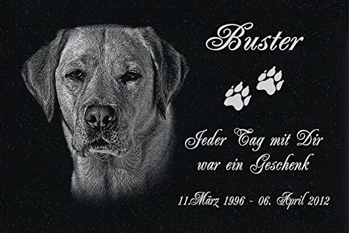 LaserArt24 Granit Grabstein - Grabplatte - Grabschmuck mit der Lasergravur des Motives Hund-ag39 (mit dem Musterbild oder Ihrem eigenen Foto - Siehe Auswahl) und Ihrem Foto/Text und Daten