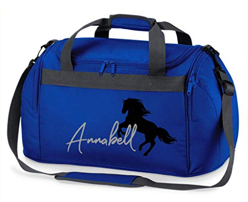 Reittasche mit Namensdruck personalisiert | Motiv aufsteigendes Pferd mit Name | Trage- und Sporttasche für Mädchen zum Reiten in vielen Farben verfügbar