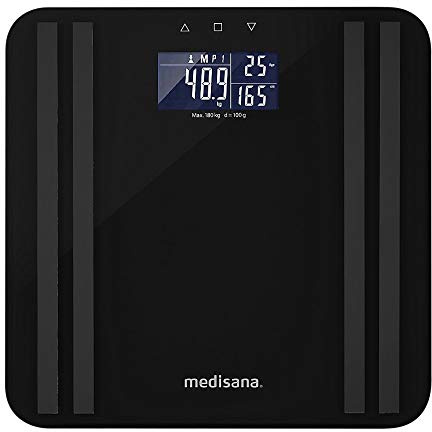 Medisana BS 465 báscula de análisis corporal de hasta 180 kg, báscula personal para medir la grasa corporal, el agua corporal, la masa muscular y el peso de los huesos, Indicador luminoso