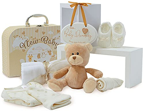 New Baby Party Gift Basket - with fleece, hooded towel, baby clothes, 2 gauze scarves and cute brown teddy bear
