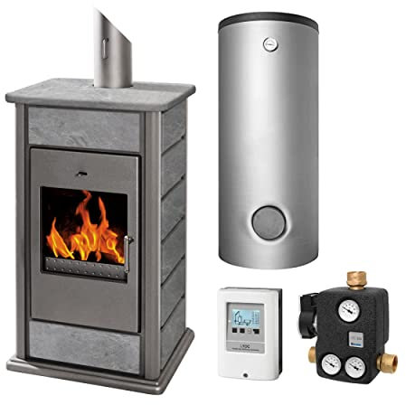 Schmitzker KS3053 Alicante Anthrazit Speckstein Wasserführender Kaminofen - Komplett-Set mit Kombispeicher THKE/F 600L
