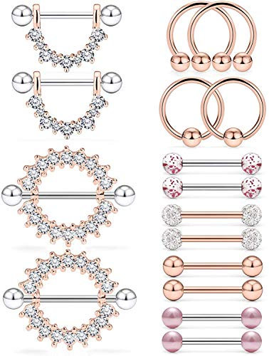 VF VFUN 8 Paare Crystal Kugel Brustwarzenpiercing und Zungenpiercing Shield Rings Roségold Edelstahl Piercing Körperschmuck 14G