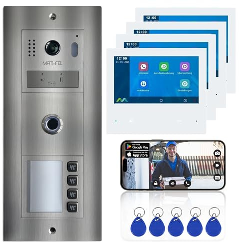 MATHFEL 2 Draht Bus Technik 4 Familienhaus Video Türsprechanlage Gegensprechanlage Fischaugenkamera 170 Grad, 4x7'' Monitor mit WLAN