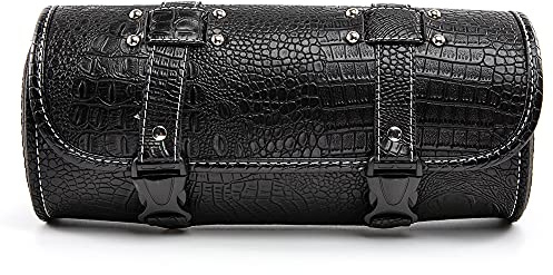 APEBAZY Borsa da manubrio per moto con 2 cinghie di fissaggio, borse da sella in pelle di coccodrillo PU nera, borse forcella rotonde, elegante tasca laterale borchiata per riporre piccoli attrezzi