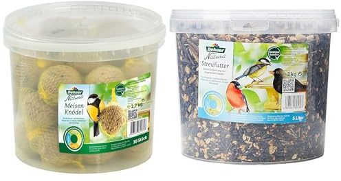 Dehner Natura Wildvogelfutter, Meisenknödel, mit Netz, 30 Stück (3 kg) & Natura Wildvogelfutter, Streufutter im Eimer, 3 kg