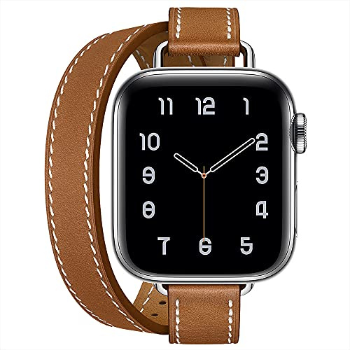 Compatible avec Apple Watch Bracelet 38mm 40mm 41mm 42mm,Cuir Véritable Double Tour Slim Band Femmes pour iWatch Ultra Série 11 10 9 8 7 6 5 4 3 SE(38/40/41/42mm,Brun)