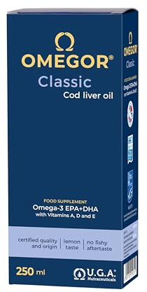 Olio di Fegato di Merluzzo Liquido OMEGOR Classic 250ml - Senza Retrogusto di Pesce - Omega 3 Liquido 1000mg con Vitamine A, D, E - 540mg DHA 360mg EPA