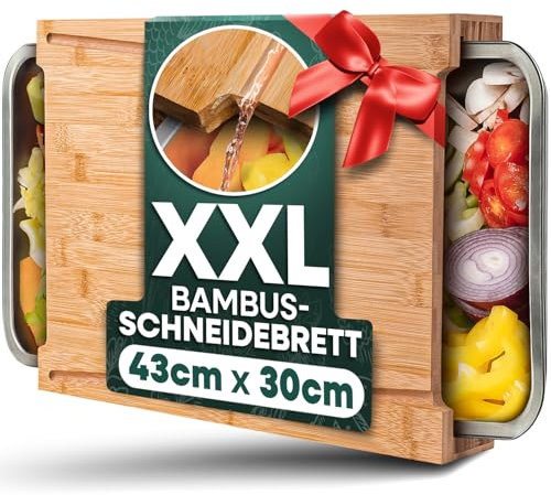 Loco Bird Schneidebrett mit Auffangschalen aus Bambus - 43x30x7cm - cutting board mit 2 Schalen aus Edelstahl - ideales Küchenhelfer Gadget Set für die Küche - Küchenbrett groß aus Holz