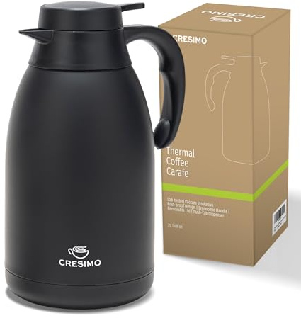 Thermal Coffee Carafe 68 oz by Cresimo – Updated 2025 Model – Insulated Black Stainless Steel Coffee Urn & Drink Dispenser, Keeps Drinks Hot 12h / Cold 36h – Durable & Easy to Pour