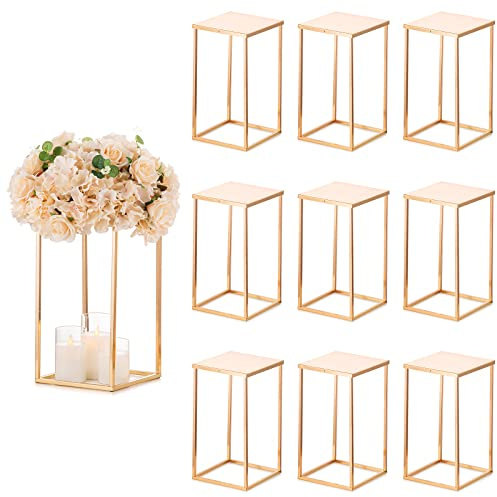 Sziqiqi Wedding Centerpieces Vase for Tables with Plates - 10 Pcs Metal Column Geometric Flower Stand 15.7in Gold Flower Display Rack Decorations for T-Stage Reception Party Fiesta Event Home