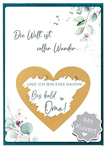 Joli Coon Rubbelkarte Du wirst Oma, mit Kuvert, Schwangerschaft verkünden | 350g Designerpapier, fühlbare UV-Lack-Veredelung, grünes Steckkuvert mit goldenem Herz, zur Schwangerschaftsverkündung