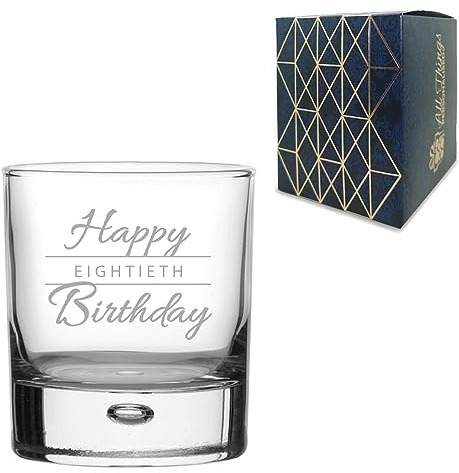 All Things Personalised Engraved 80th Birthday Gift, Bubble Whisky Glass, Holds 11.5oz, 340ml, Gift Boxed, Happy Birthday Script Design, Gift for Him or Her, Laser Engraved in The UK