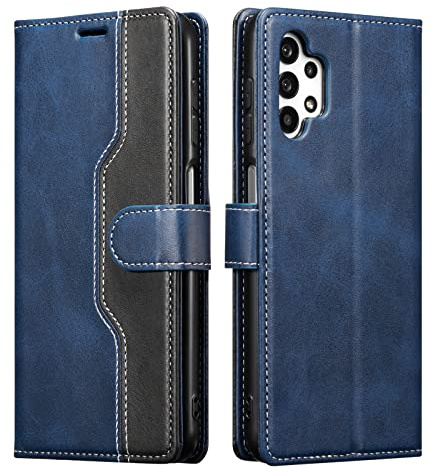 EYZUTAK Leather Flip Wallet Phone Case for Samsung Galaxy A13 5G/4G/A04S, Magnetic Closure PU Case with Kickstand 3 Card Holder 1 Cash Slot Shockproof Flip Folio Leather Phone Cover - Blue+Black
