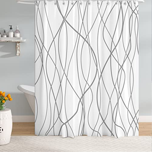 M&W DAS DESIGN Duschvorhang aus Polyester Stoff, mit Linien, Anti-Schimmel, wasserdicht Badevorhang inkl. 12 C-Ringe, beschwerter Saum, schlicht minimalistisch, Farbfest, 180x200cm