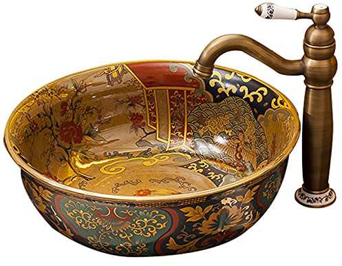 CGLYYDS Vasque A Poser Ensemble Rétro en Céramique avec Robinet Et Drain,Vasque à Poser Salle de Bain,Lave-Mains de Salle d'eau Vasque à Poser de Bain Maison,Facile à Installer,A