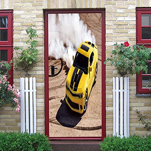 Türtapete Selbstklebend 3D Gelbes Cooles Auto Türaufkleber Türposter Pvc Kindergarten Türplakat Abnehmbar Wasserdichte Türfolie Poster Stickers Für Schlafzimmer Wand Türdekoration 95 X 215 Cm