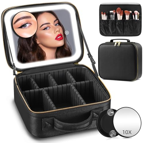 JADAZROR Make-up-Tasche mit Spiegel und Licht, Reise-Make-up-Tasche mit 3-farbig beleuchtetem Make-up-Organizer, tragbares Make-up-Etui mit verstellbaren Trennwänden, LED-Kosmetiktasche als Geschenk