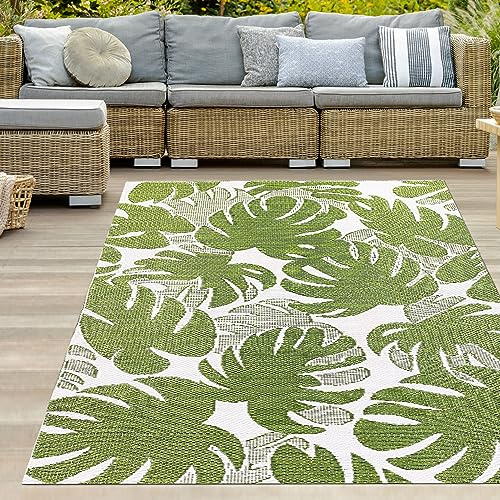 Teppich-Traum Utomhusmatta av plast, väderbeständig, enkel att rengöra, för husbil, camping, picknick och strand, tropiska palmblad, grön/vit, 180 x 280 cm