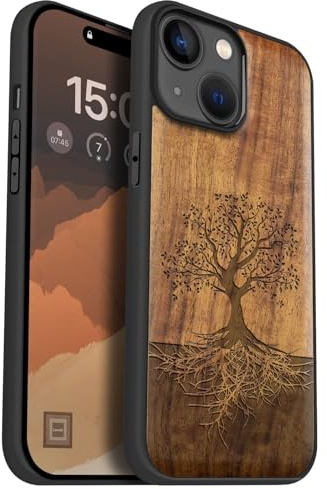 Carveit Holz Cover für iPhone 15, Nussbaum-Baum mit Wurzeln | Handyhulle kompatibel MagSafe Massivholz für iPhone 15 Handyhülle Stoßstange Weich TPU Case
