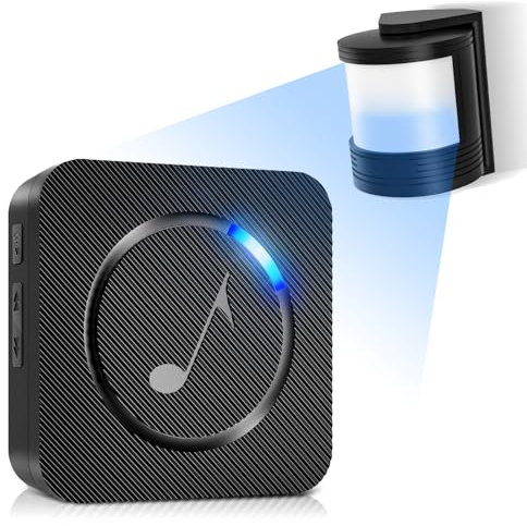 Rilevatore di movimento, campanello senza fili, portata 150 m, 58 suonerie, 5 livelli di volume, indicatore LED, allarme campanello per case, negozi, uffici, fabbriche