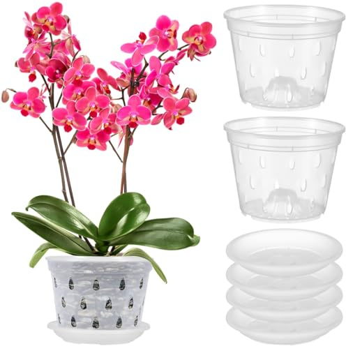 FONDOTIN 5Sätze Klare Pflanzen Töpfe für Orchideen mit Ablauflöchern Garten Töpfe Blumentopf Orchideentopf runder für Anzucht und Umtopfen von Pflanzen Transparent und Vielseitig Einsetzbar