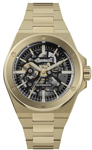 Ingersoll The Baller 45 mm Automatic Herrenuhr mit schwarzem Skelettziffernblatt und goldfarbenem Edelstahl Armband